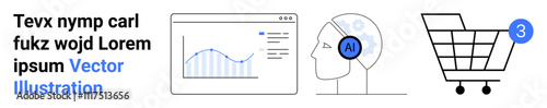 Data chart in browser window, human head with AI icon, shopping cart with three items. Ideal for AI, data analysis, e-commerce, technology, innovation, future, digital marketing. Landing page
