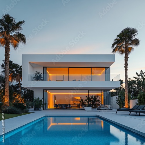 A luxurious tropical villa with a stunning swimming pool, featuring glowing LED lights, offering an exclusive, upscale hotel-like experience, perfect for those seeking a premium lifestyle and top-tier photo