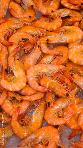 Boiled shrimp is seafood. Steamed shrimp for background. Restaurant.