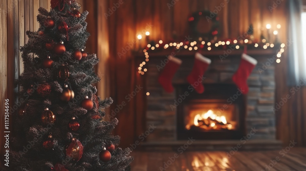 A cozy Christmas scene featuring a decorated tree and a fireplace with stockings. A cozy Christmas scene featuring a decorated tree and a fireplace with stockings.