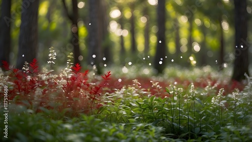  En un campo de hierba green, enfocado de un bosque, tres setas venenosas rojas y blancas de diferentes tamaños, efecto bokeh photo