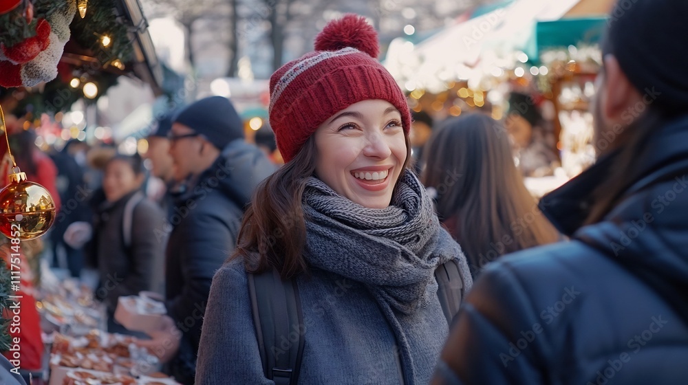 Smiling Woman Enjoying the Winter Holiday Market Scene Smiling Woman Enjoying the Winter Holiday Market Scene