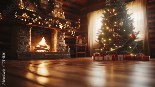 A cozy Christmas scene featuring a decorated tree and a warm fireplace.