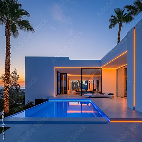 A luxurious tropical villa with a stunning swimming pool, featuring glowing LED lights, offering an exclusive, upscale hotel-like experience, perfect for those seeking a premium lifestyle and top-tier photo