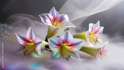 Beautiful Amaryllis flowers with translucent petals showcasing iridescent hues, creating a surreal and magical ambiance, cool spectrum amaryllis flowers. Created with generative AI