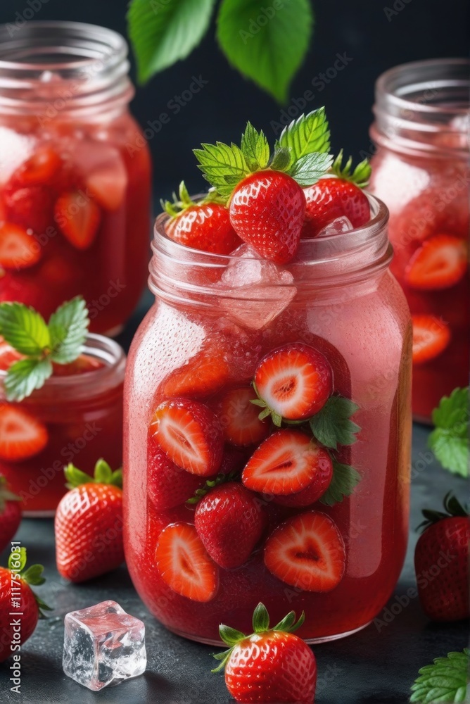 a jar of fresh strawberry juice with whole and sliced strawberries immersed in the drink. a jar of fresh strawberry juice with whole and sliced strawberries immersed in the drink.