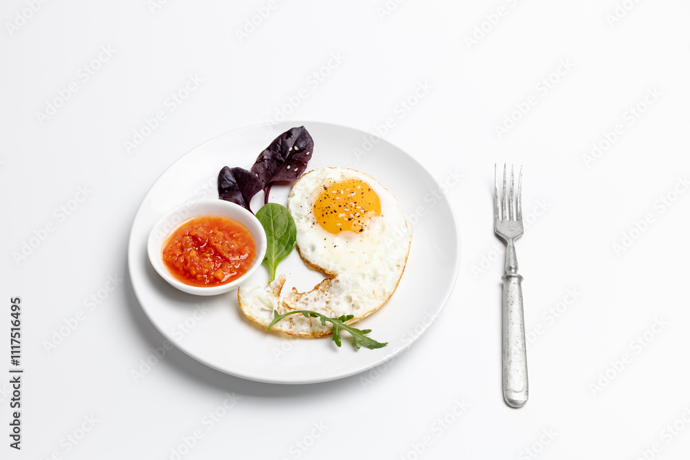 Porcelain plate with a fried egg and red sauce. Porcelain plate with a fried egg and red sauce.