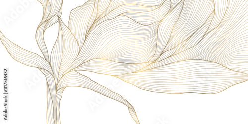 Vector gold leaf pattern, luxury flower pattern, japanese botanical illustration, line wave drawing. Plant ornament, wallpaper, spring element