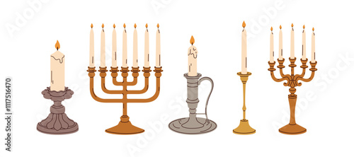 Candelabra set. Vintage multi-branched candelabrum, retro candleholder for taper. Antique candlestick, old traditional light holders, decoration. Flat vector illustration isolated on white background
