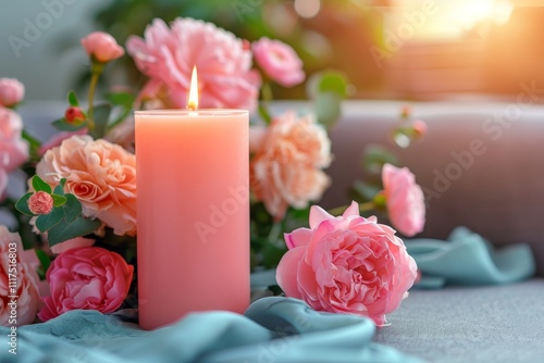 Elegant coral glass jar candle as focal point in a modern apartment s sleek table setting photo