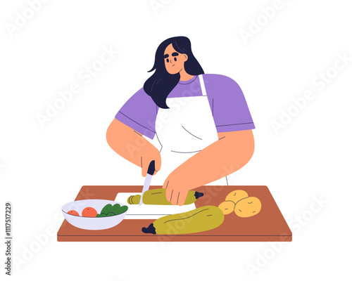 Cooking food at kitchen table. Woman cutting vegetables, preparing healthy sa...