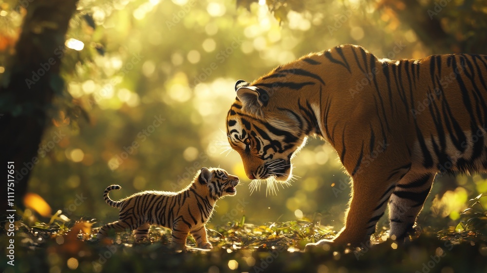Fototapeta premium Mother tiger and cub in forest, golden light.
