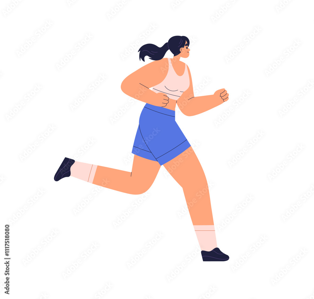 Woman jogging. Female runner, cardio endurance workout. Girl jogger running, doing sports, profile. Healthy activity, exercise, training. Flat vector illustration isolated on white background Woman jogging. Female runner, cardio endurance workout. Girl jogger running, doing sports, profile. Healthy activity, exercise, training. Flat vector illustration isolated on white background