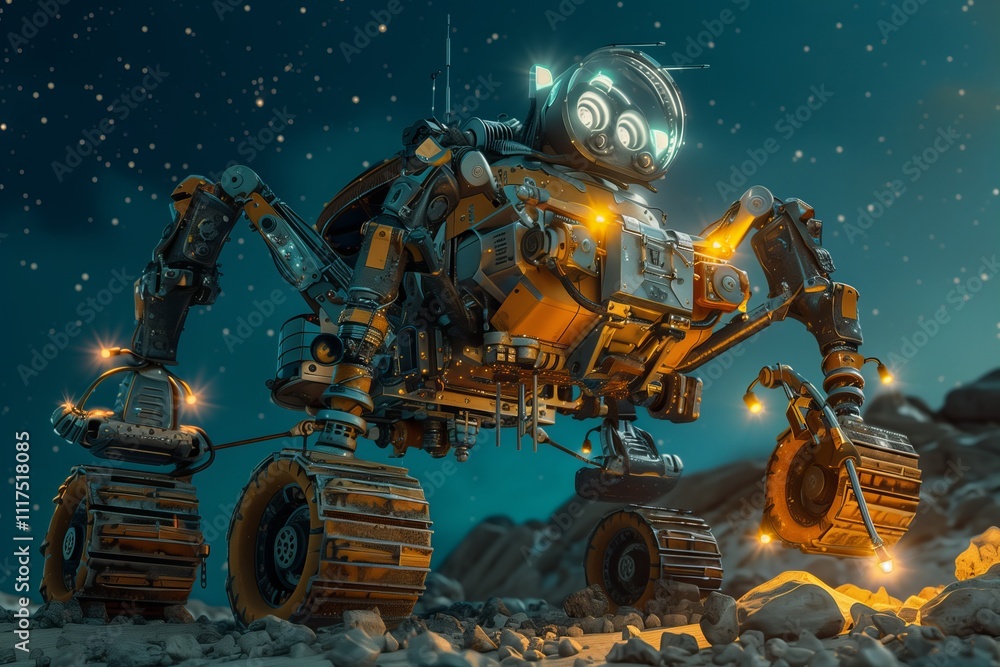 A futuristic robot exploring a distant planet under a starry sky. A futuristic robot exploring a distant planet under a starry sky.