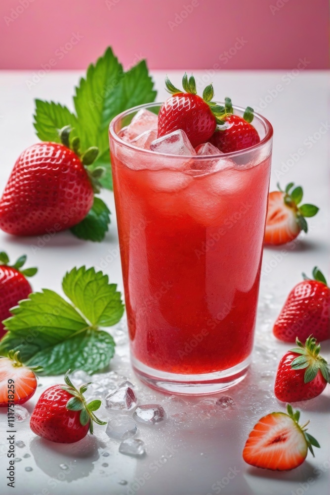 a jar of fresh strawberry juice with whole and sliced strawberries immersed in the drink. a jar of fresh strawberry juice with whole and sliced strawberries immersed in the drink.