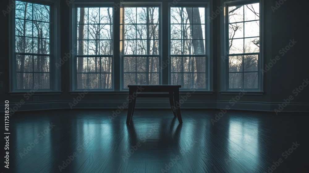 Small Table Stands Before Large Windows Showing Winter Trees Small Table Stands Before Large Windows Showing Winter Trees