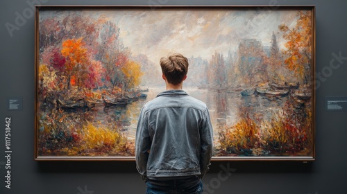 Man Observing a Beautiful Landscape Painting in an Art Gallery Surrounded by Colorful Trees and Calm Water in a Serene Atmosphere