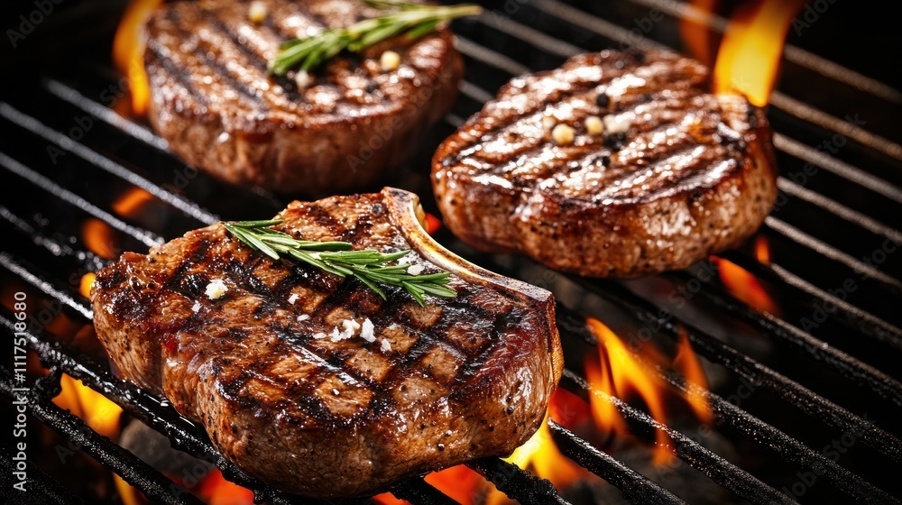 Delicious Grilled Steaks Sizzling On A Hot Grill Delicious Grilled Steaks Sizzling On A Hot Grill