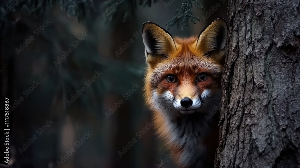 Fototapeta premium A curious red fox peeking from behind a tree in a dark forest setting.