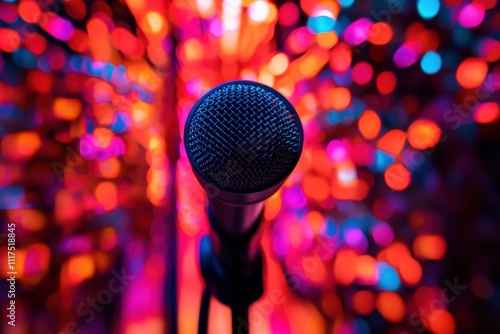 A close-up of a microphone with a vibrant, colorful blurred background.