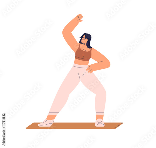 Woman stretching on mat. Fitness workout, yoga and pilates pose. Morning training and activity. Healthy girl doing physical exercise, warming up. Flat vector illustration isolated on white background