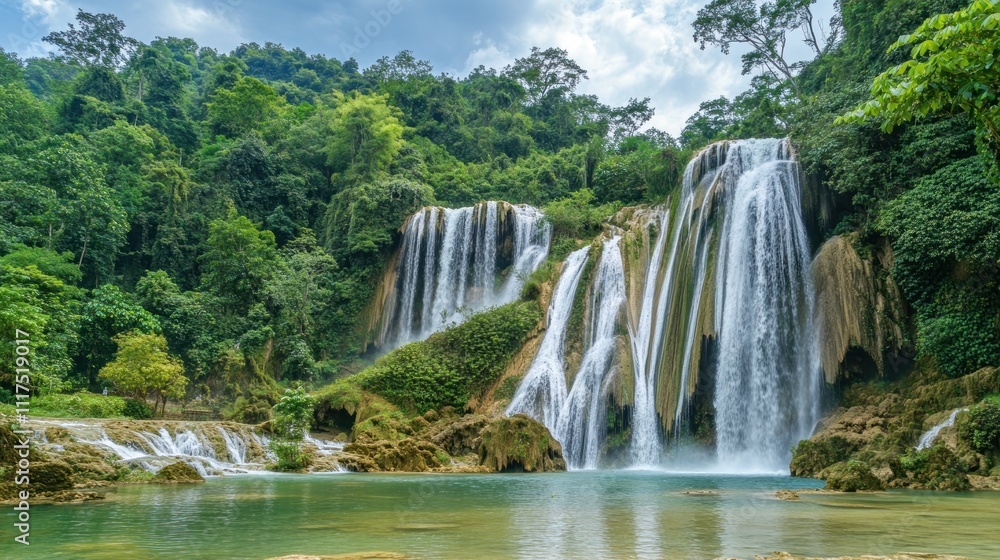 Fototapeta premium Majestic Waterfall Cascading Through Lush Green Foliage