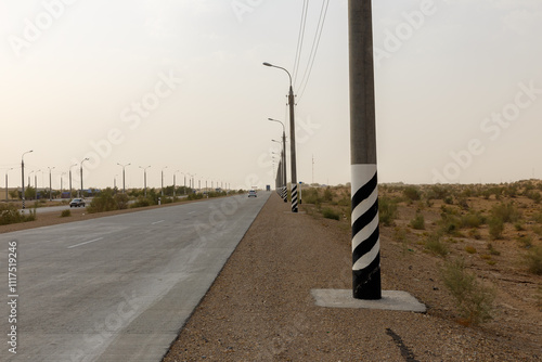 Stretching highway lined with electric poles under a clear sky in a desert landscape