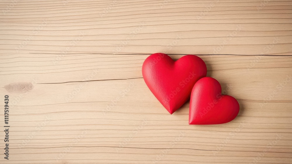 Valentines day background with two red hearts on wooden texture, copy space, decoration Valentines day background with two red hearts on wooden texture, copy space, decoration