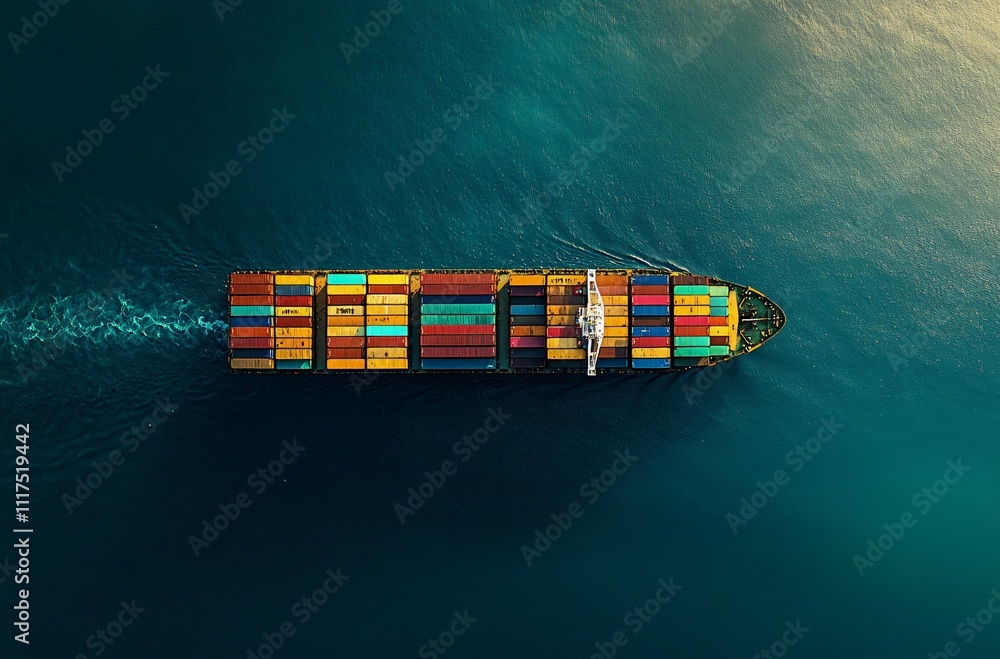 Fototapeta premium A cargo ship sailing across the vast ocean, symbolizing global trade and transportation, with containers stacked high, reflecting the essential role of shipping in the world's economy.