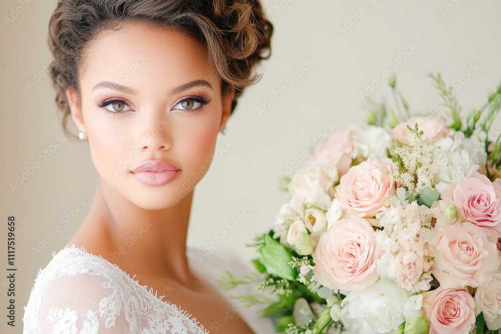 Obraz premium Radiant bride holding soft pastel roses, symbolizing love, elegance, and new beginnings on her wedding day. 
