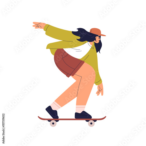 Woman riding skateboard. Girl on skate board. Happy young female skater enjoying active street sport on longboard. Modern outdoor activity. Flat vector illustration isolated on white background