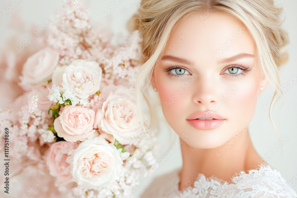 Naklejka premium Radiant bride holding soft pastel roses, symbolizing love, elegance, and new beginnings on her wedding day. 