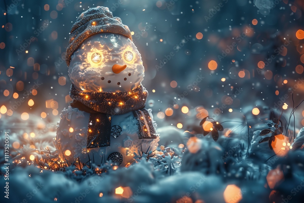 A glowing snowman in a magical winter landscape with twinkling fairy lights. A glowing snowman in a magical winter landscape with twinkling fairy lights.