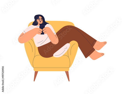 Woman with mobile phone, sitting in cozy armchair. Female relaxing with smartphone. Happy girl surfing internet, using social media at leisure. Flat vector illustration isolated on white background