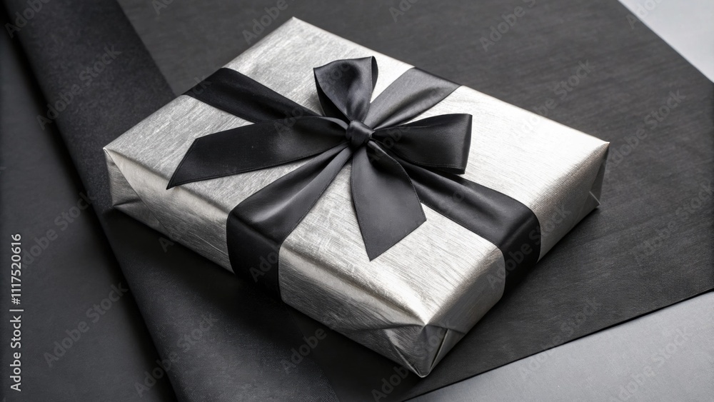 A topdown perspective of a gift wrapped neatly in silver metallic paper shimmering under the light. It is topped with a striking black bow made of fabric. The edges of the gift are A topdown perspective of a gift wrapped neatly in silver metallic paper shimmering under the light. It is topped with a striking black bow made of fabric. The edges of the gift are