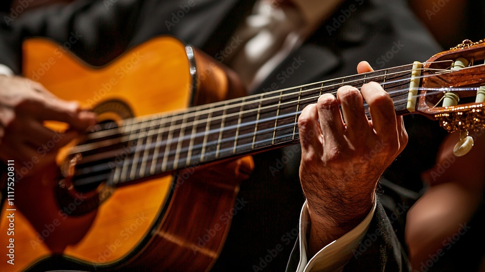 Obraz premium Masterful Guitar Performance: Precision Strumming with Reflective Lighting and Dynamic Audience Background