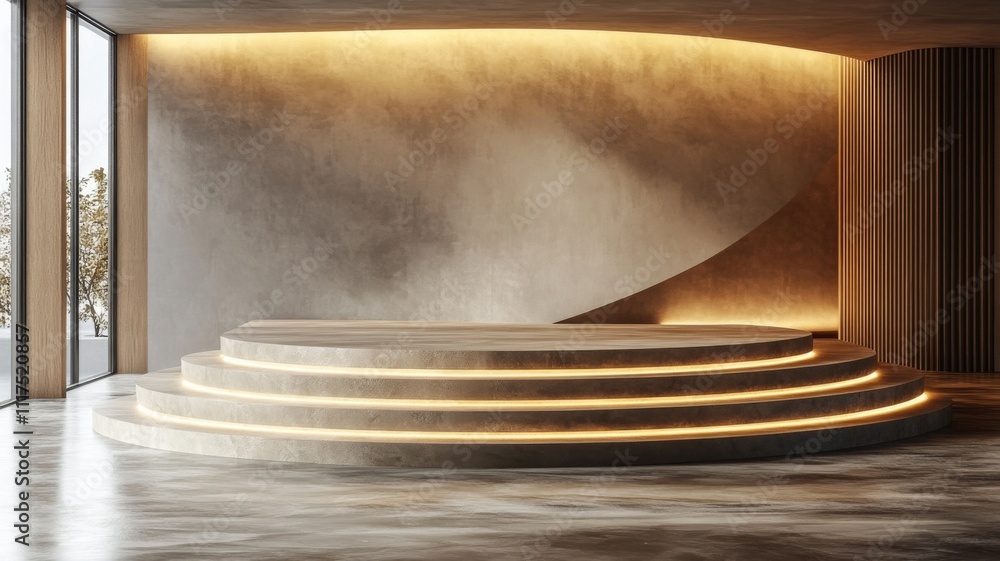 Concrete Platform with Illuminated Steps and Wooden Wall Concrete Platform with Illuminated Steps and Wooden Wall