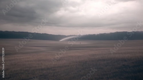 Misty Meadow Landscape with Dramatic Cloudy Sky