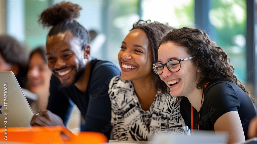 27. A diverse team smiling and chatting happily while looking over their completed work in a collaborative environment 27. A diverse team smiling and chatting happily while looking over their completed work in a collaborative environment