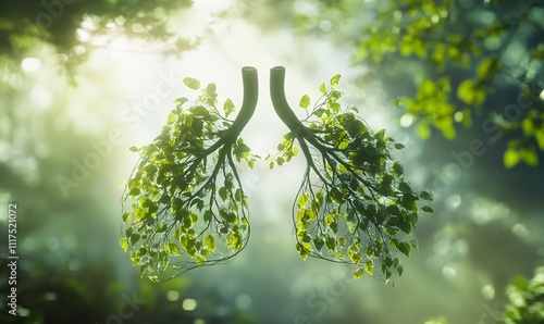 A creative representation of lungs made from tree leaves, symbolizing the connection between nature and health, highlighting the importance of breathing clean air and the impact of smoking on respirat photo