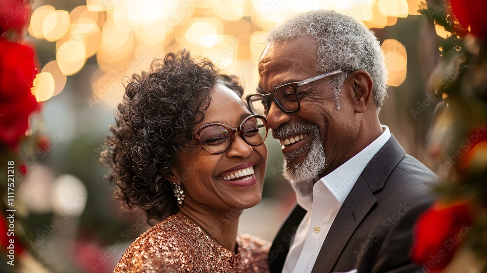 Joyful Elegance: Couple Laughing at Special Event in Refined Ambiance with Floral Decor Joyful Elegance: Couple Laughing at Special Event in Refined Ambiance with Floral Decor