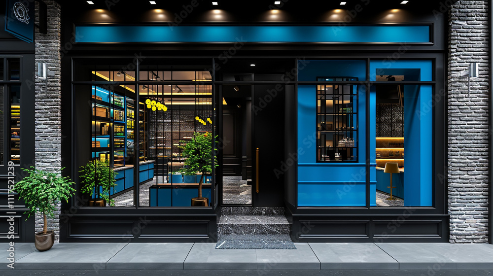Elegant storefront in black and blue with chic detailing, set against a rustic brick wall. The bright and modern design creates a striking urban look Elegant storefront in black and blue with chic detailing, set against a rustic brick wall. The bright and modern design creates a striking urban look