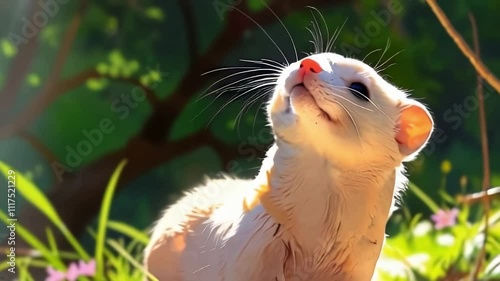 cartoon anime ferret looks up in forest scenery, perfect for segue, bridge, transition photo