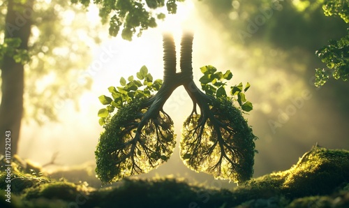 A creative representation of lungs made from tree leaves, symbolizing the connection between nature and health, highlighting the importance of breathing clean air and the impact of smoking on respirat photo