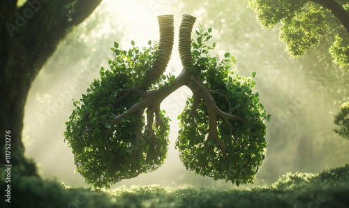 A creative representation of lungs made from tree leaves, symbolizing the connection between nature and health, highlighting the importance of breathing clean air and the impact of smoking on respirat photo