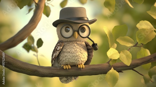 A dapper owl sits on a tree branch wearing a hat and glasses photo