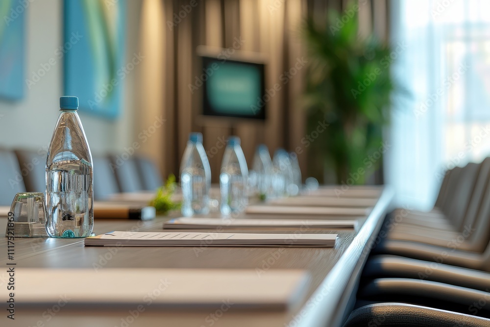 A modern conference room set up for a meeting with water bottles and notepads. A modern conference room set up for a meeting with water bottles and notepads.