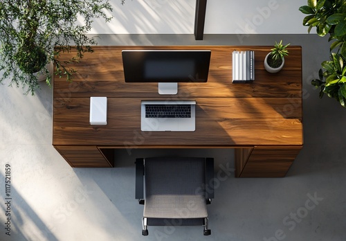 A modern office workspace featuring a sleek computer on a desk, with a clean and professional environment, emphasizing productivity and efficiency in a contemporary office setting. photo