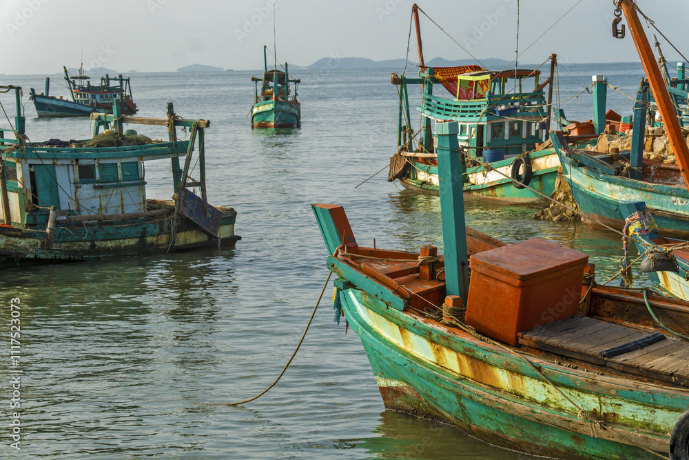 Crab fishing boat resting on the shore in Ket, Cambodia
