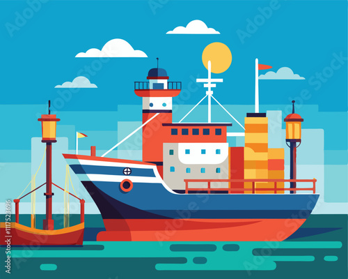 cargo container ship transport shipping port sea transport vector illustration graphic design art 